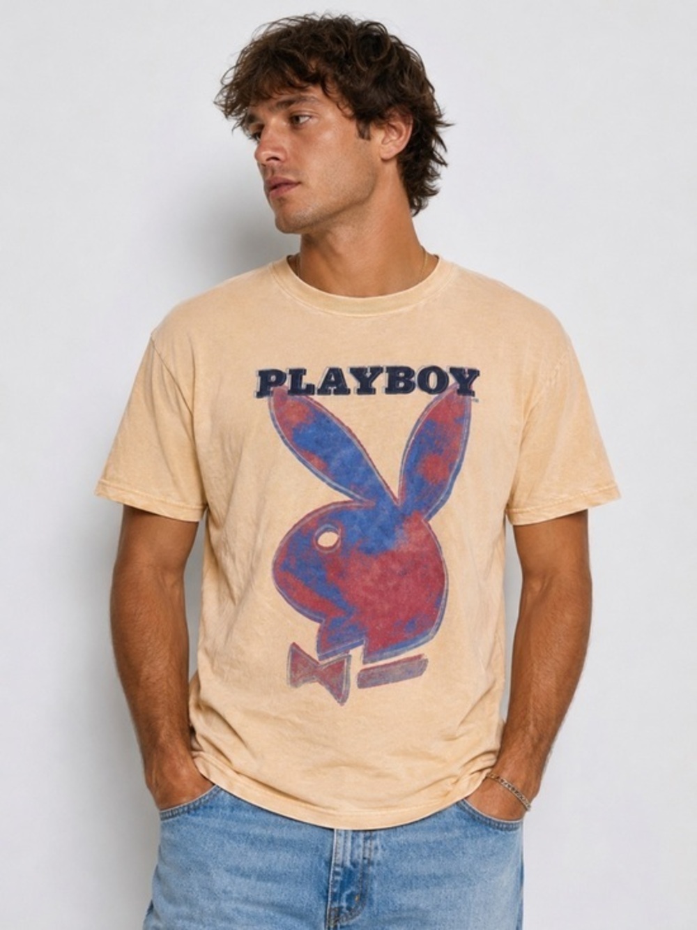 Playboy Vintage-Style Graphic Bunny Logo T-Shirt Tan Size Large